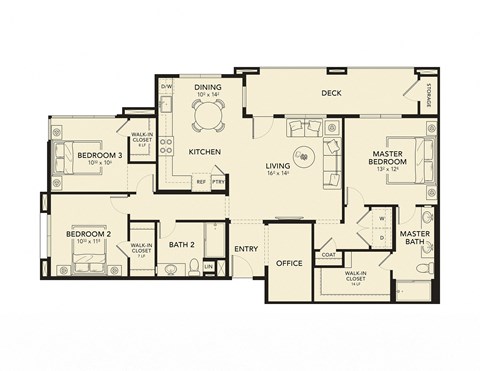 Floor plan for 3 beds, 2 baths, 1431 sqft